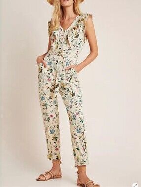 Anthropologie Floral Ruffle Sleeveless Jumpsuit Belted Beige Women’s US 14
